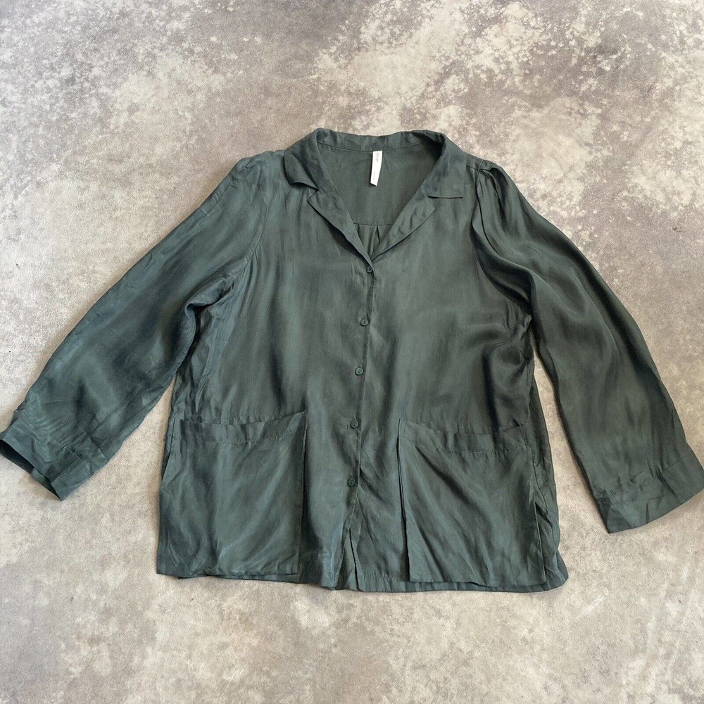 Nap Blouse‎ Womens Medium Green Button Front Pockets Relaxed Fit Long Sleeve